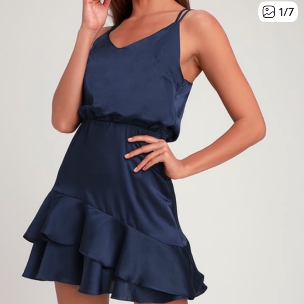 Lulu's Midnight Blue Satin Tiered Mini Dress